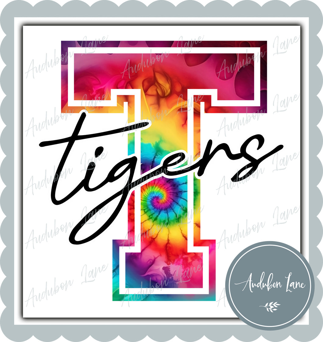 Tigers Rainbow Tie Dye Mascot Letter Ready to Press DTF Transfer Customs Available On Request