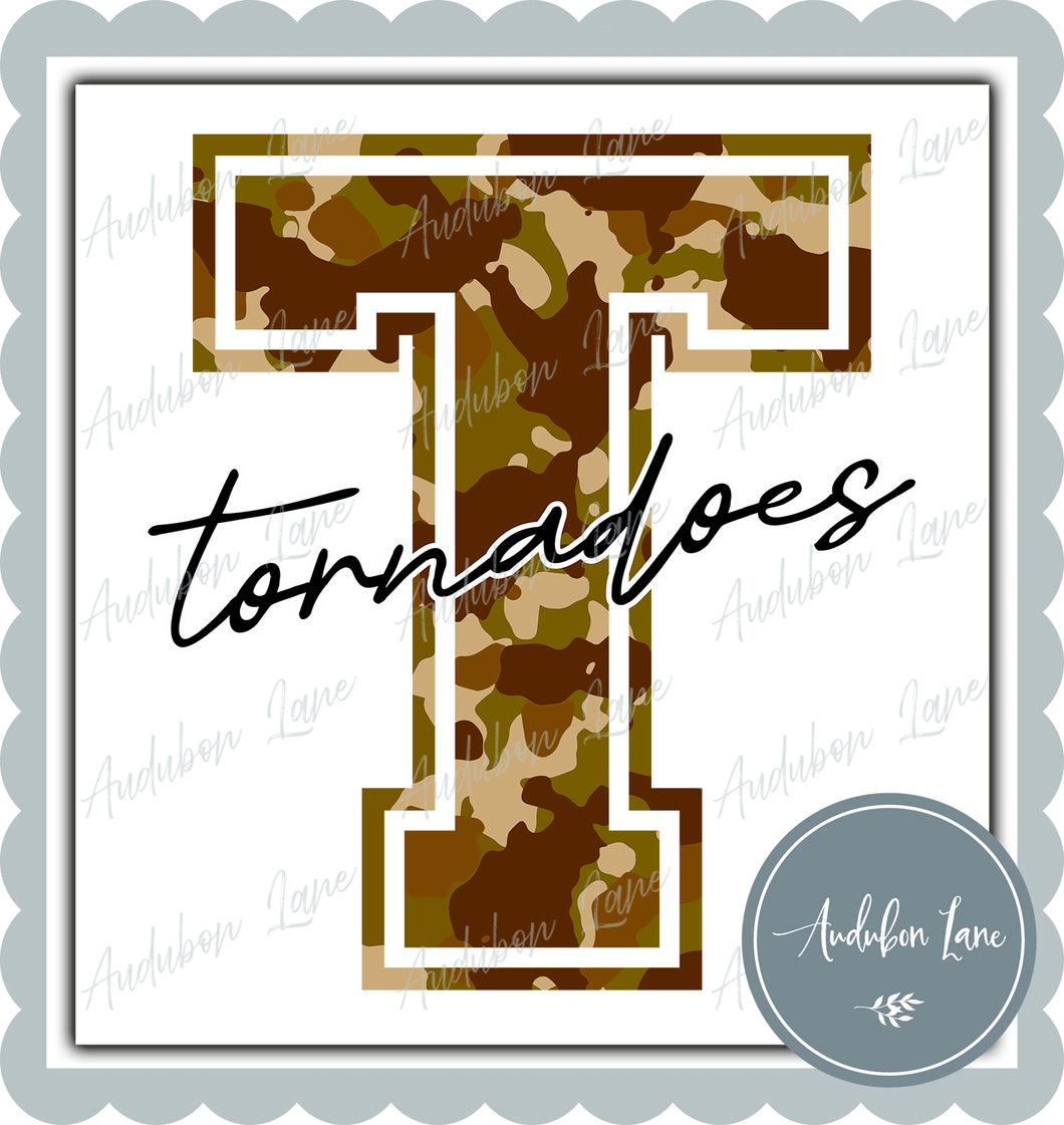 Tornadoes Old School Camo Mascot Letter Ready to Press DTF Transfer Customs Available On Request