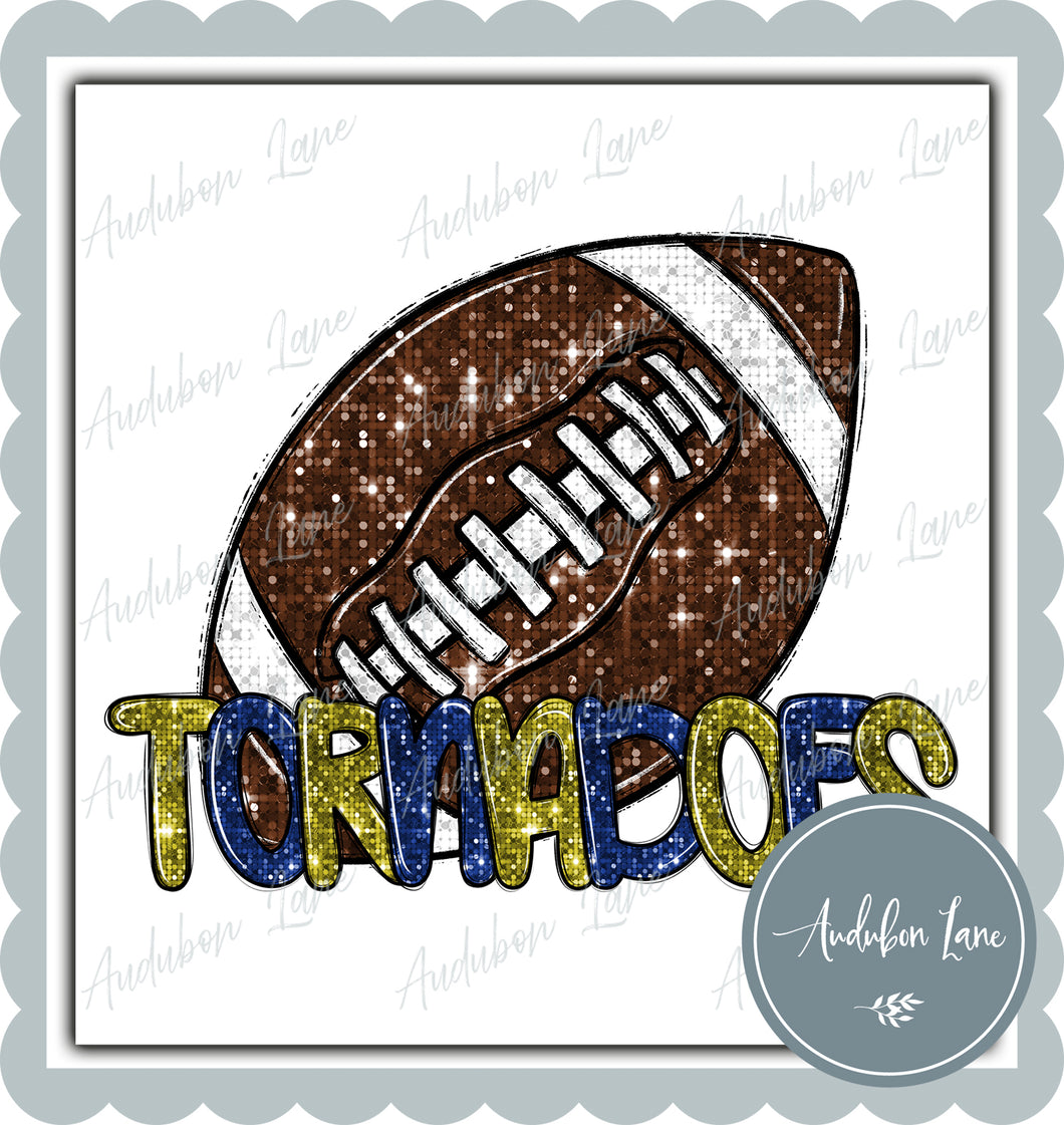 Tornadoes Yellow and Blue Faux Sequin Football with Mascot Print Ready To Press DTF Transfer Custom Colors Available On Request