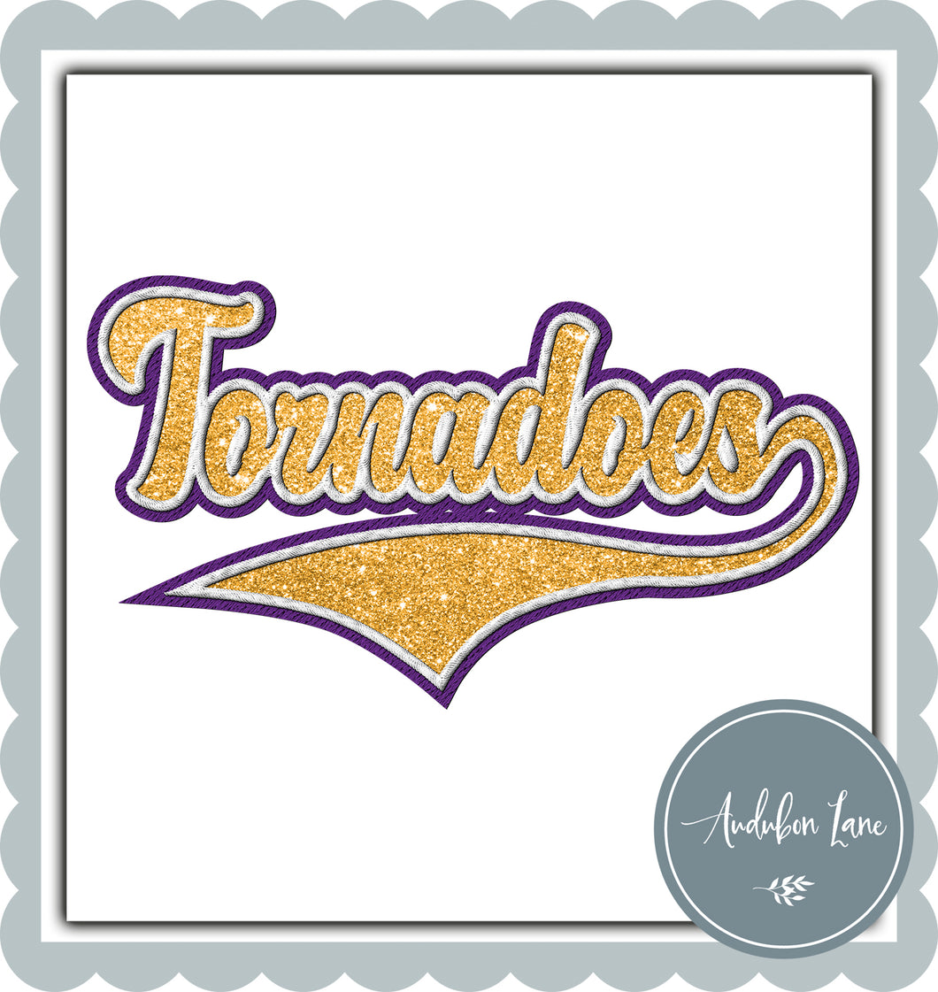 Tornadoes Faux Purple and White Embroidery and Faux Gold Glitter