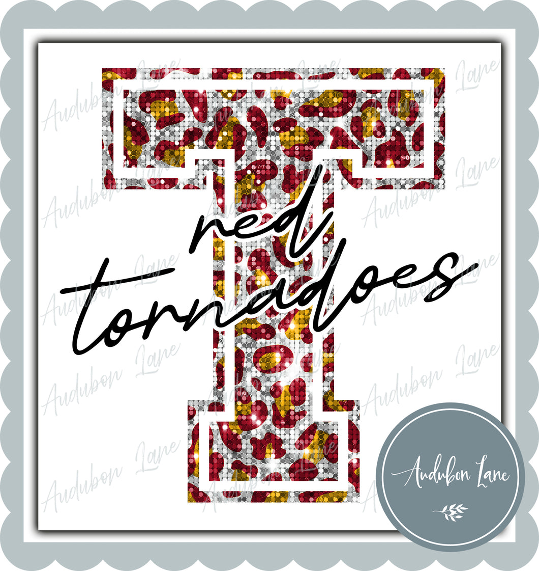 Red Tornadoes Maroon and Gold Sequin Leopard Mascot Letter Ready to Press DTF Transfer Customs Available On Request
