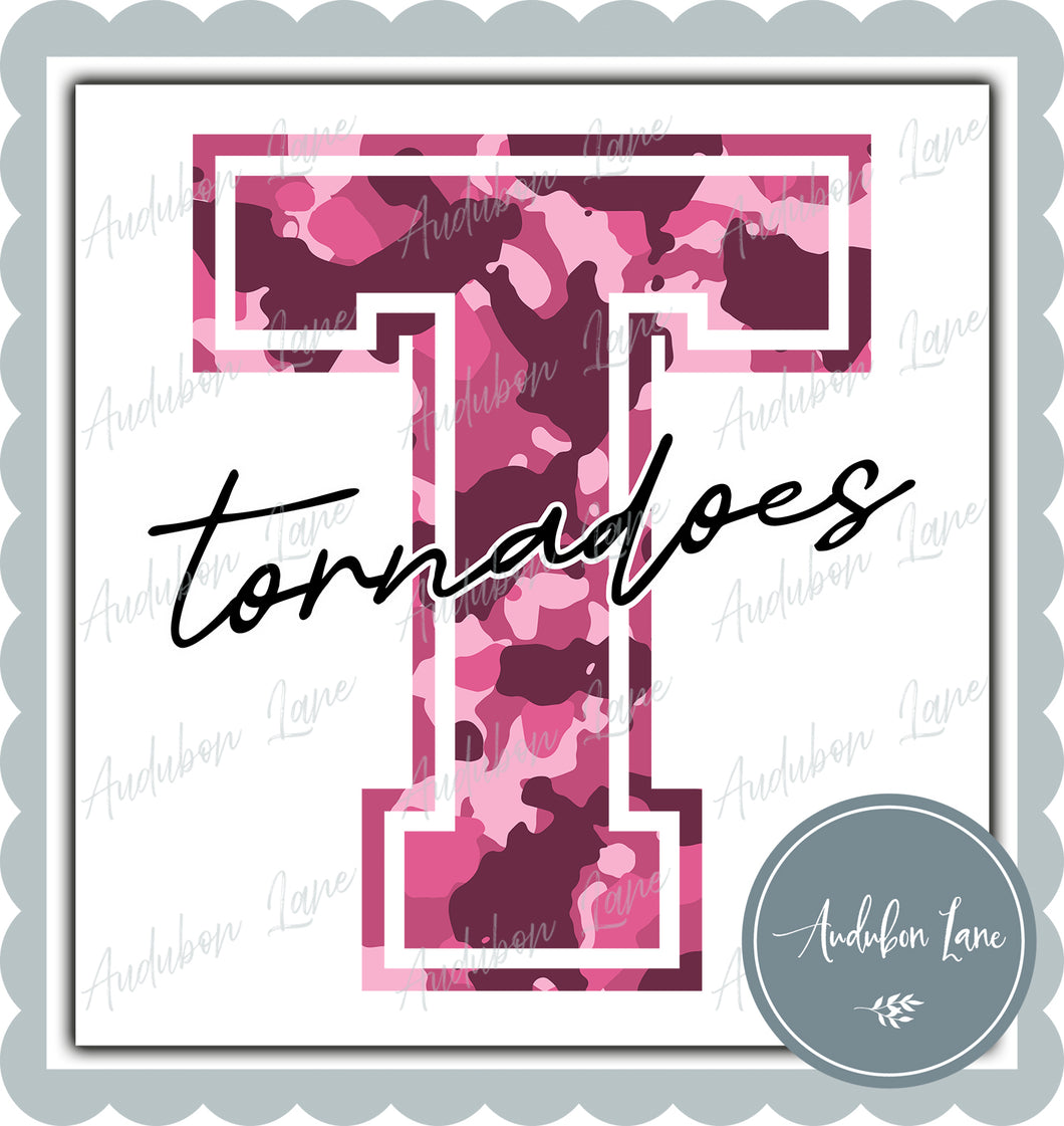 Tornadoes Breast Cancer Awareness Pink Camo Mascot Letter Ready to Press DTF Transfer Customs Available On Request