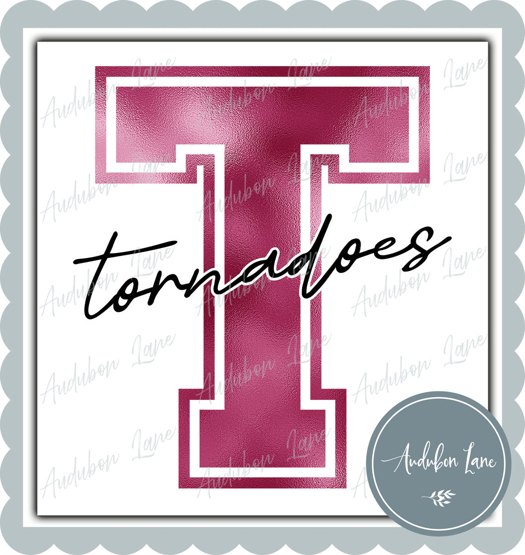 Tornadoes Breast Cancer Awareness Faux Metallic Pink Foil Mascot Letter Ready to Press DTF Transfer Customs Available On Request