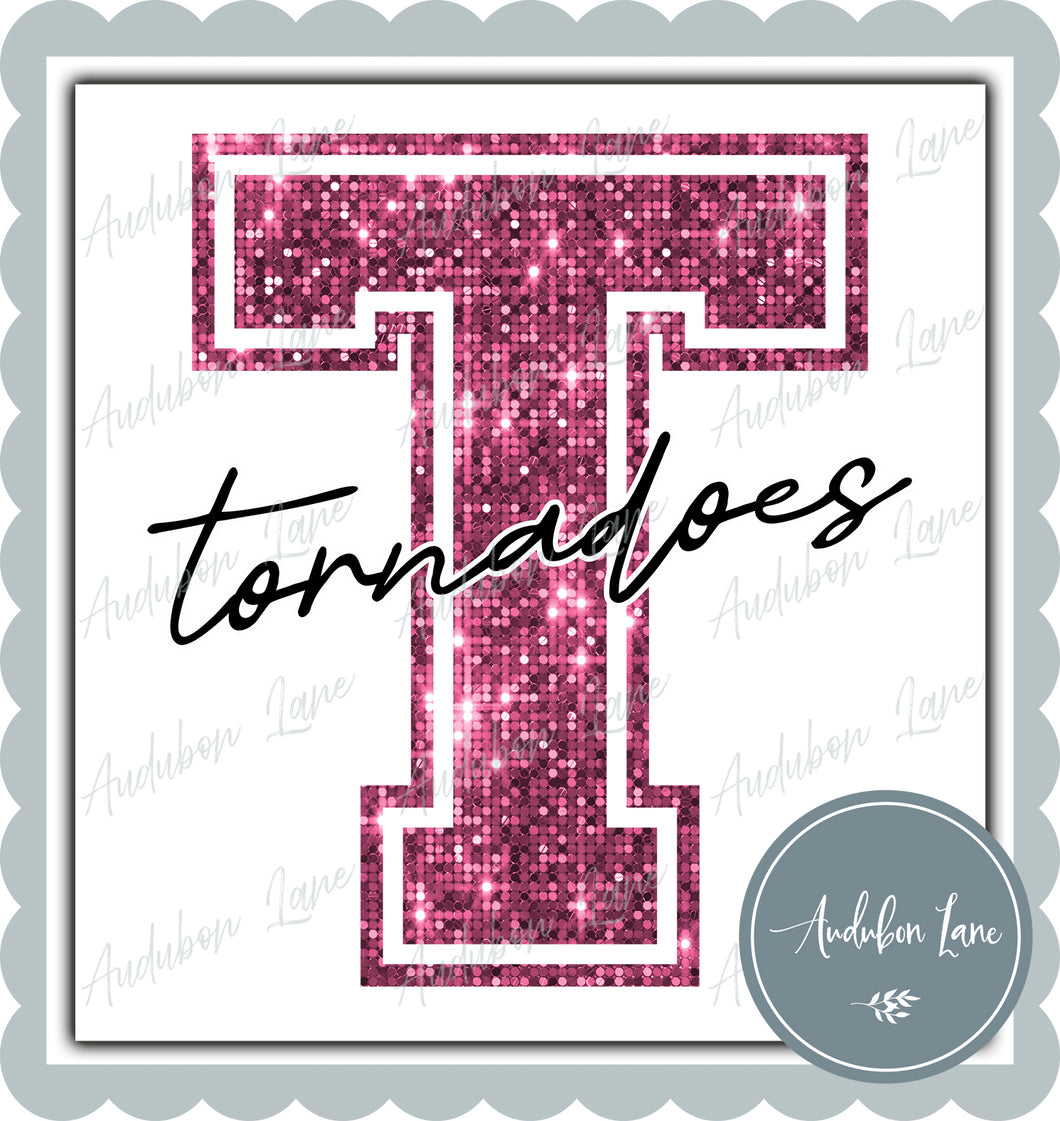 Tornadoes Breast Cancer Awareness Faux Pink Sequin Mascot Letter Ready to Press DTF Transfer Customs Available On Request
