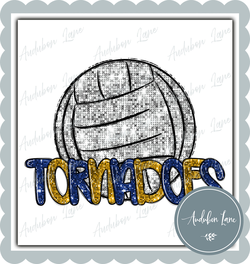 Tornadoes Faux Sequin Royal and Gold Volleyball with Mascot Print Ready To Press DTF Transfer Custom Colors Available On Request