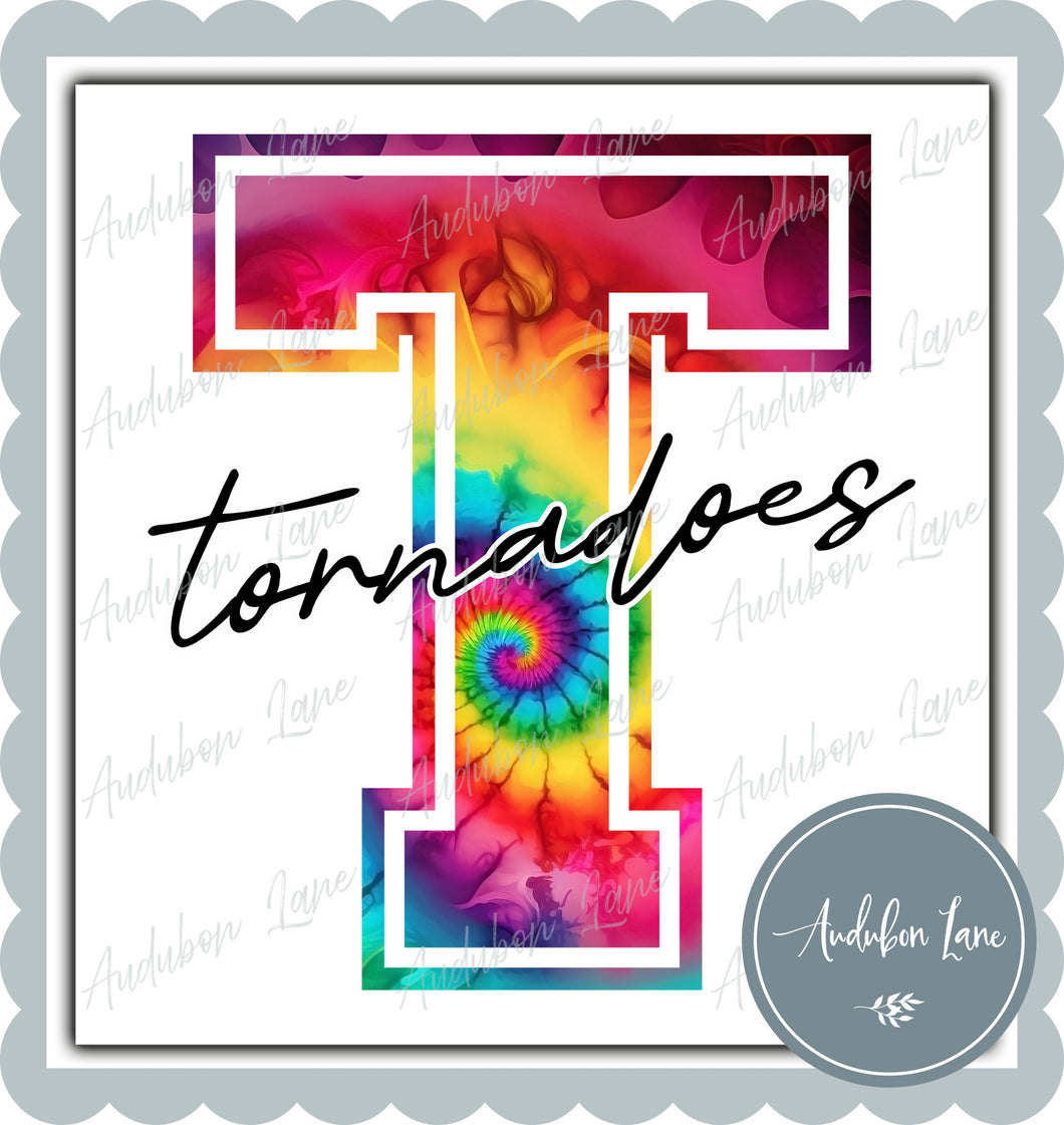 Tornadoes Rainbow Tie Dye Mascot Letter Ready to Press DTF Transfer Customs Available On Request
