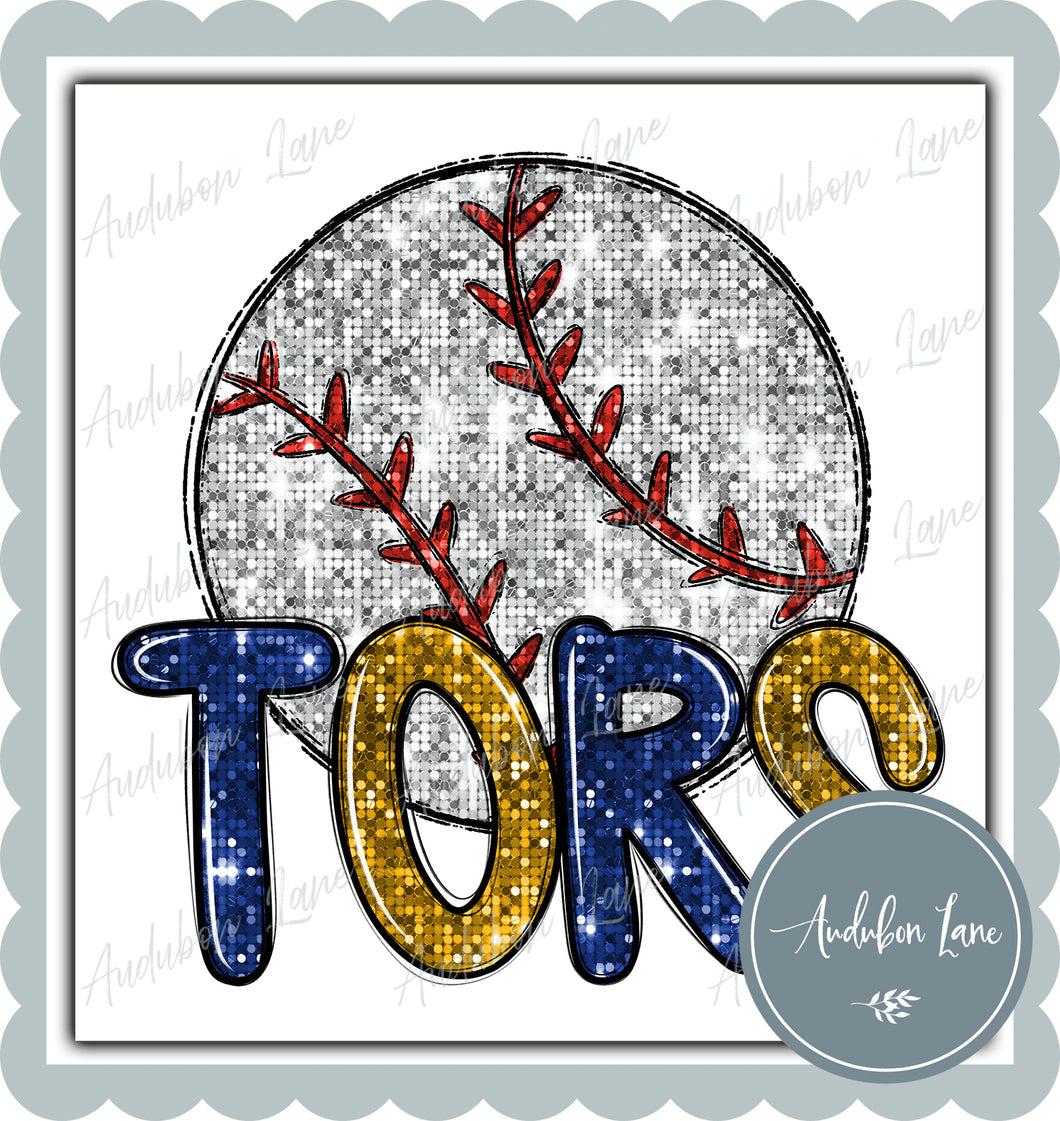 Tors Royal and Gold Faux Sequin Baseball with Mascot Print Ready To Press DTF Transfer Custom Colors Available On Request