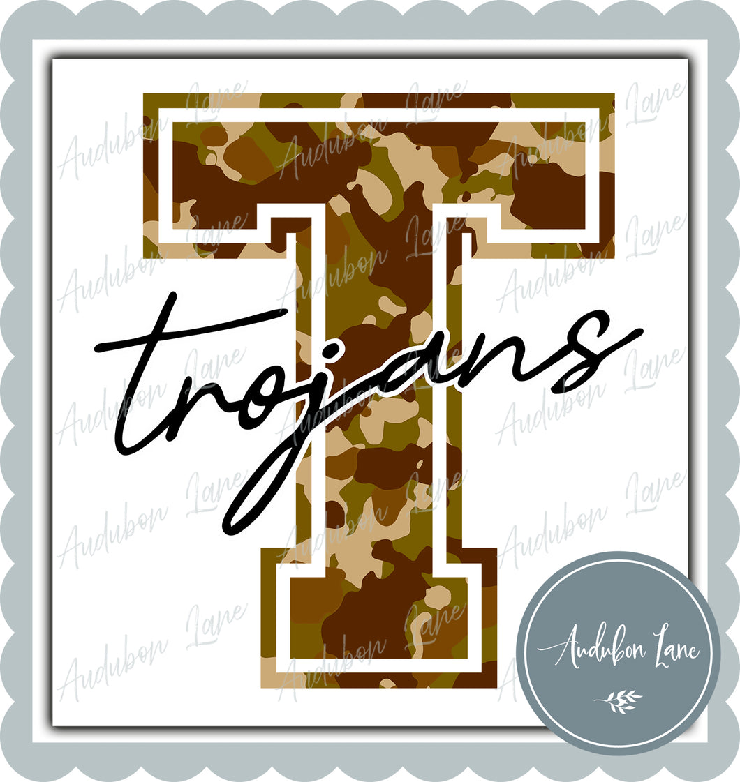 Trojans Old School Camo Mascot Letter Ready to Press DTF Transfer Customs Available On Request