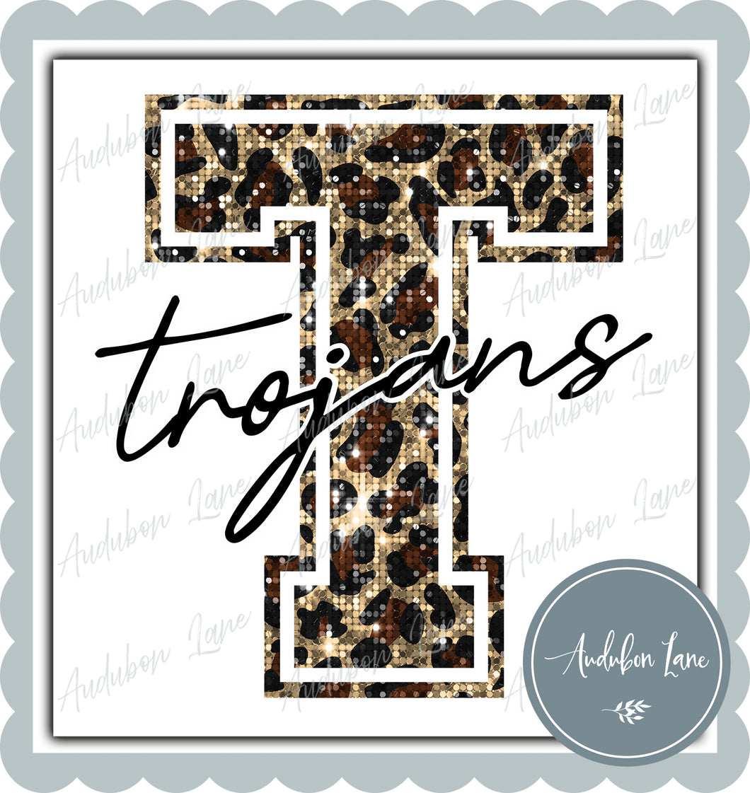 Trojans Sequin Leopard Mascot Letter Ready to Press DTF Transfer Customs Available On Request