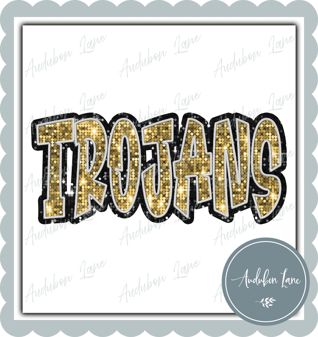 Trojans Graffiti Style Sequin Gold and Black Mascot Ready to Press DTF Transfer Customs Available On Request