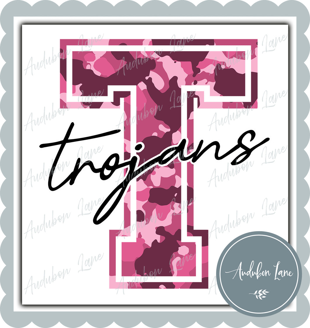 Trojans Breast Cancer Awareness Pink Camo Mascot Letter Ready to Press DTF Transfer Customs Available On Request