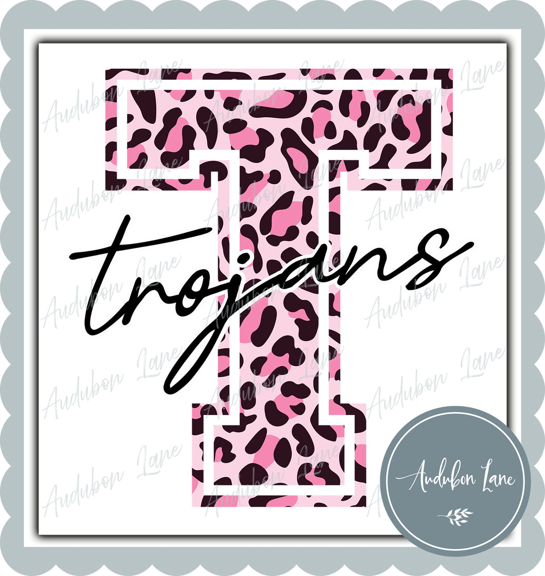 Trojans Breast Cancer Awareness Pink Leopard Mascot Letter Ready to Press DTF Transfer Customs Available On Request