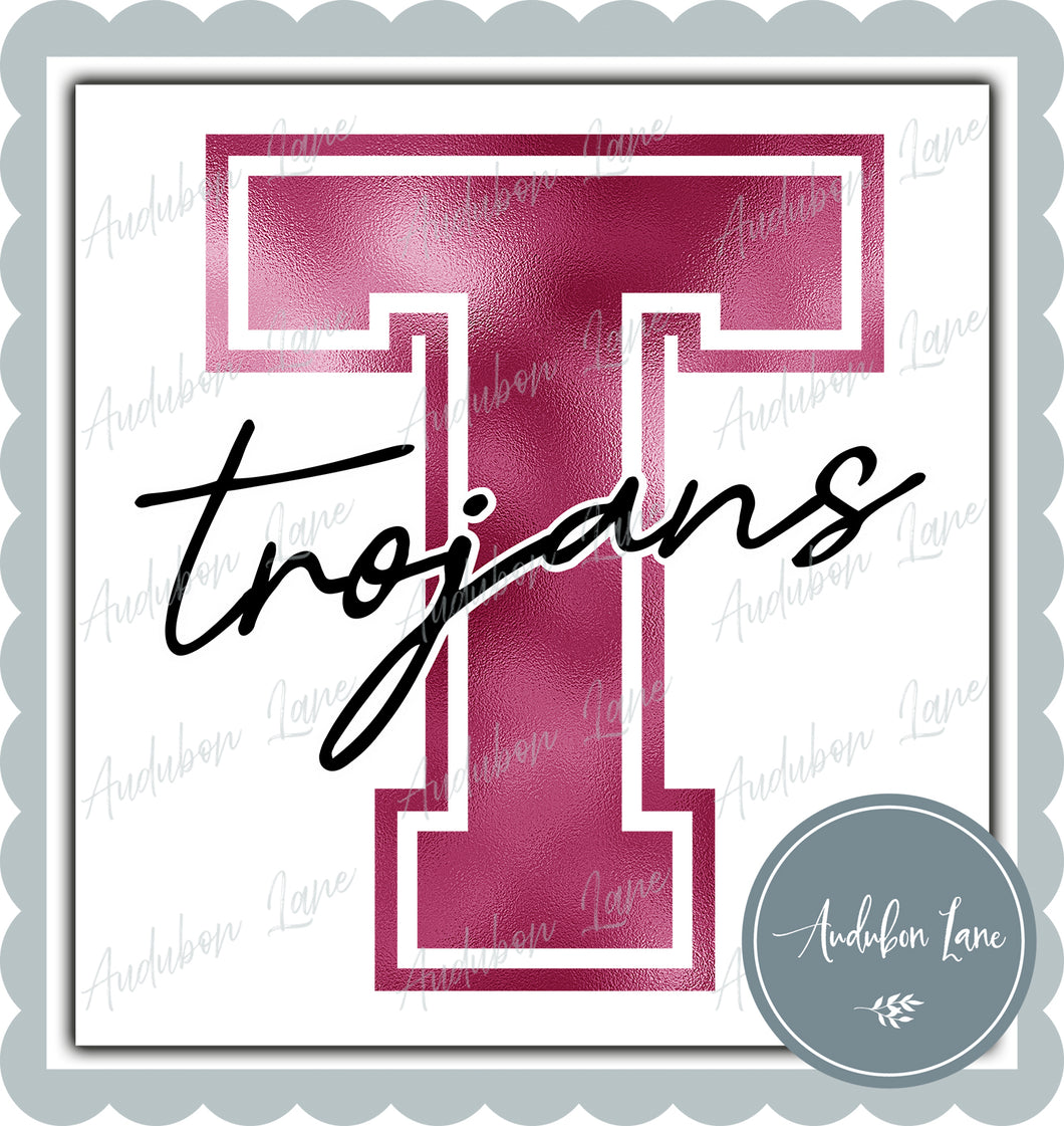 Trojans Breast Cancer Awareness Faux Metallic Pink Foil Mascot Letter Ready to Press DTF Transfer Customs Available On Request