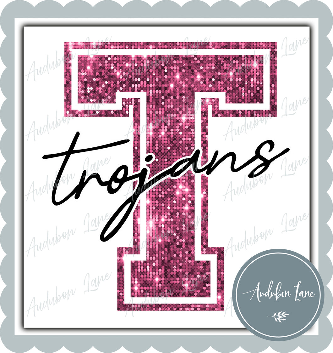 Trojans Breast Cancer Awareness Faux Pink Sequin Mascot Letter Ready to Press DTF Transfer Customs Available On Request