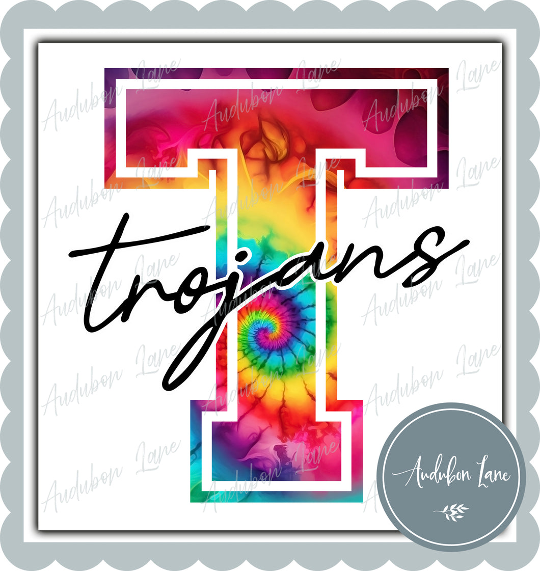 Trojans Rainbow Tie Dye Mascot Letter Ready to Press DTF Transfer Customs Available On Request