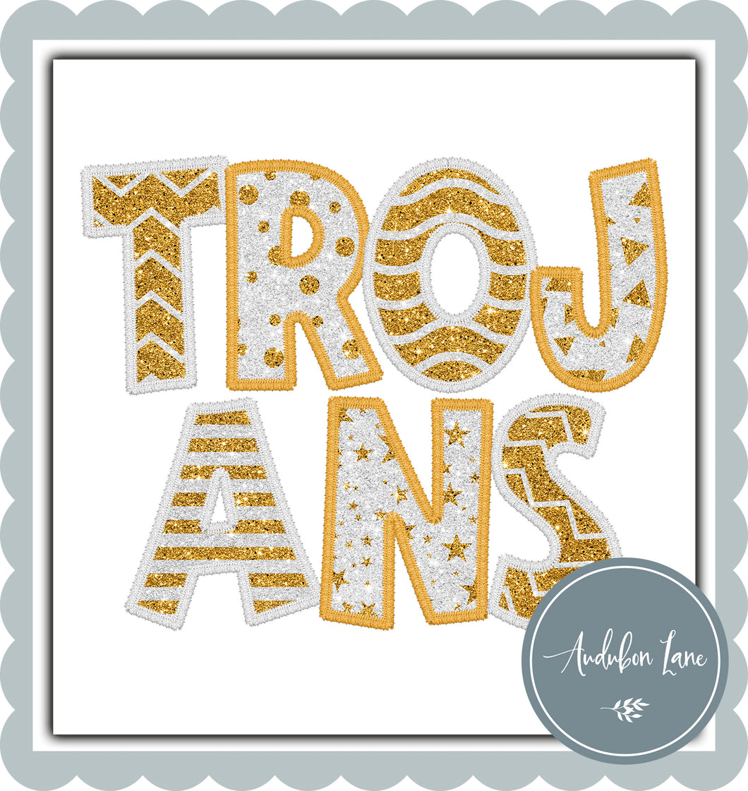 Trojans Stacked Faux Glitter and Embroidery White and Yellow Gold
