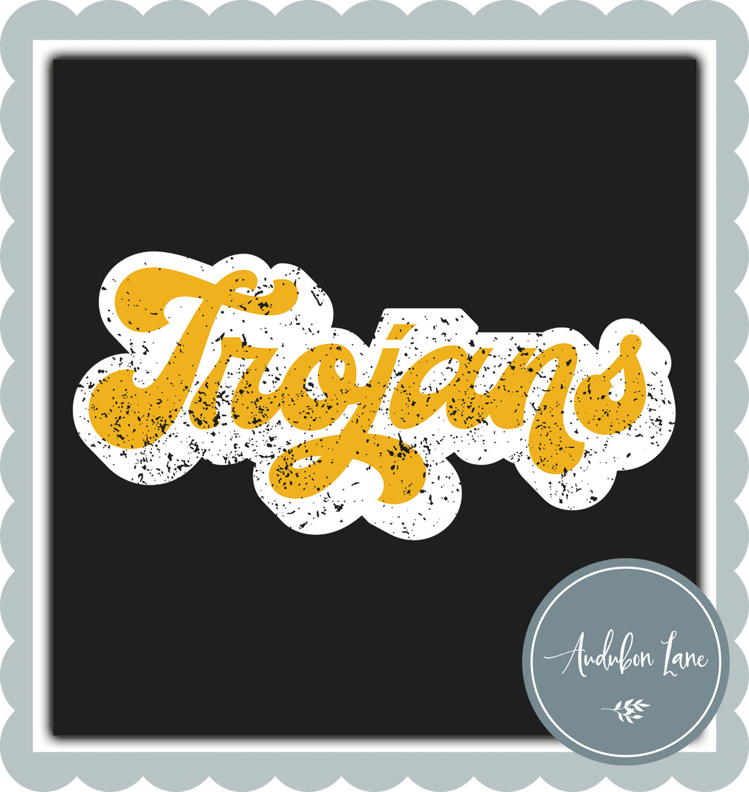 Trojans Retro Distressed Yellow Gold and White Print Ready To Press DTF Transfer Custom Colors Available On Request