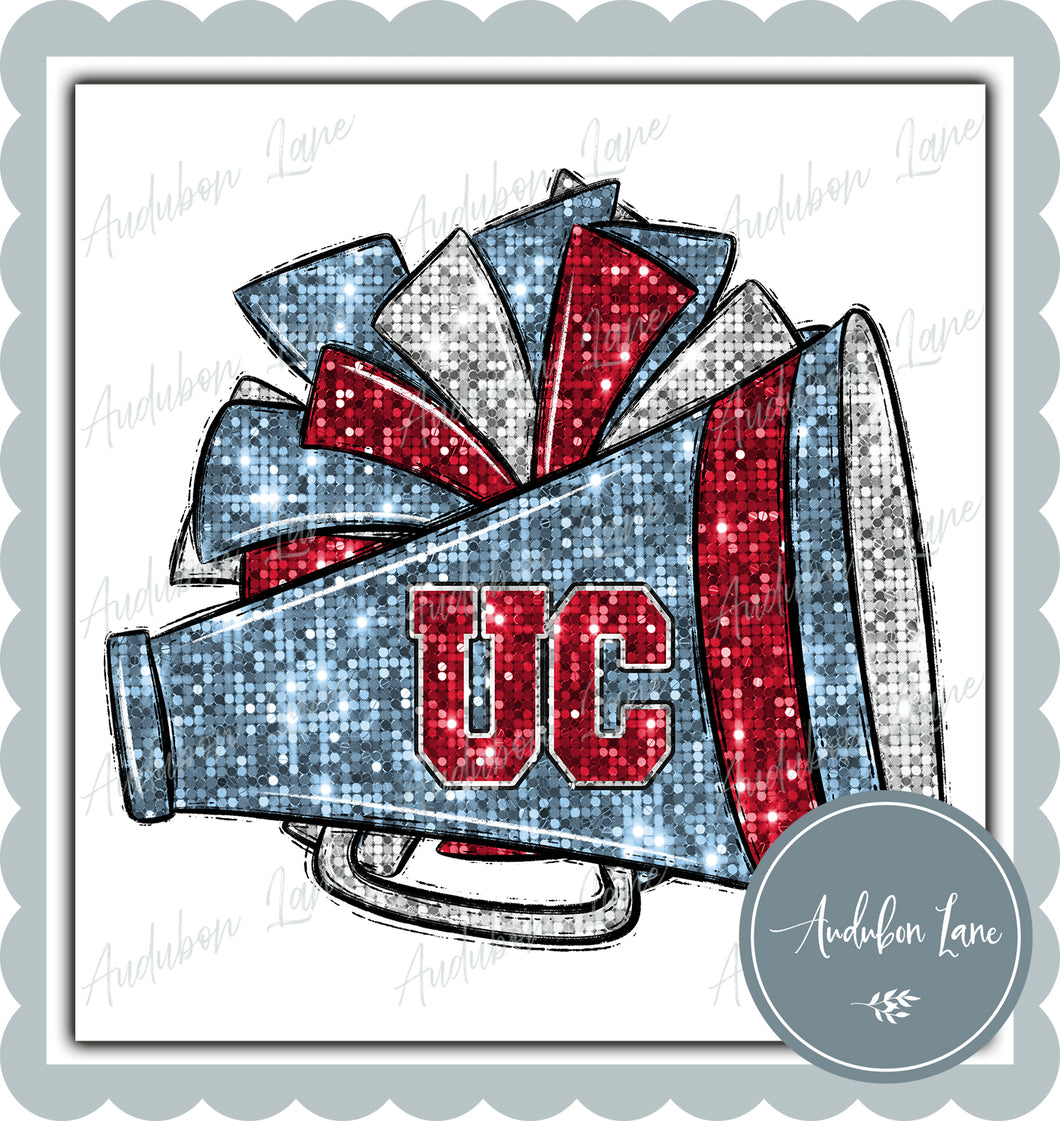 UC Lt Blue and Red and White Faux Sequin Megaphone and Pom with Mascot Print Ready To Press DTF Transfer Custom Colors Available On Request