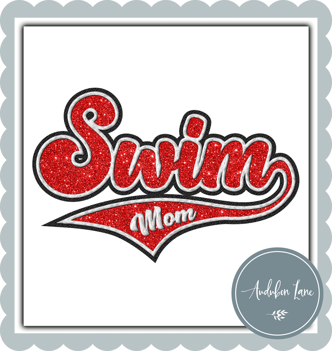 Swim Mom V2 Faux Red Glitter and White and Black Embroidery