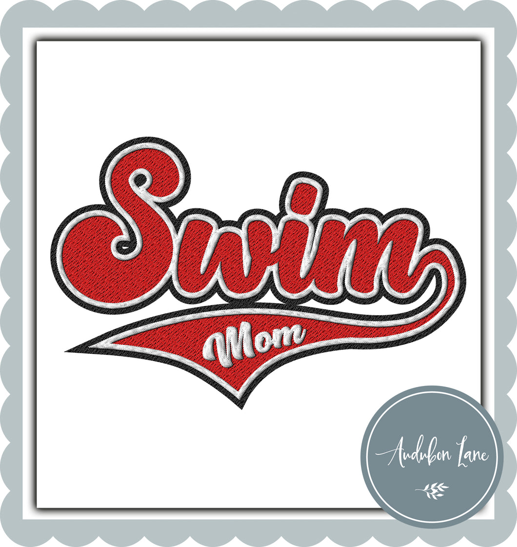Swim Mom V2 Faux Red and White and Black Embroidery