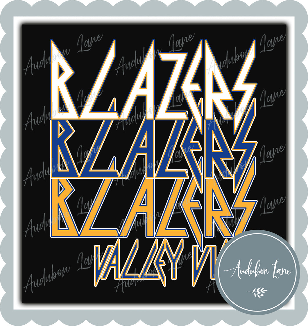Valley View Blazers Retro Rocker Style Royal Blue Yellow Gold White Mascot Ready to Press DTF Transfer Customs Available On Request
