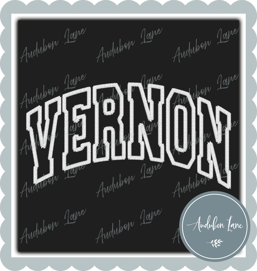 Vernon Faux White Arched Embroidery Ready To Press DTF Transfer Custom Colors Available On Request