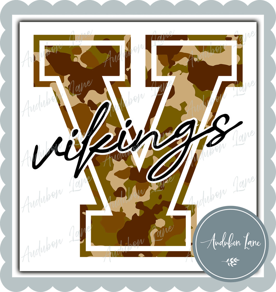 Vikings Old School Camo Mascot Letter Ready to Press DTF Transfer Customs Available On Request