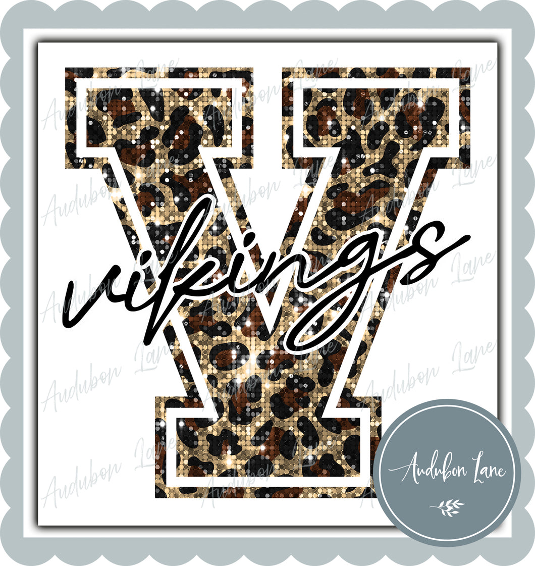 Vikings Sequin Leopard Mascot Letter Ready to Press DTF Transfer Customs Available On Request