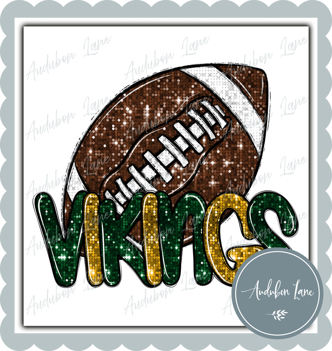 Vikings Dk Green and Gold Faux Sequin Football with Mascot Print Ready To Press DTF Transfer Custom Colors Available On Request