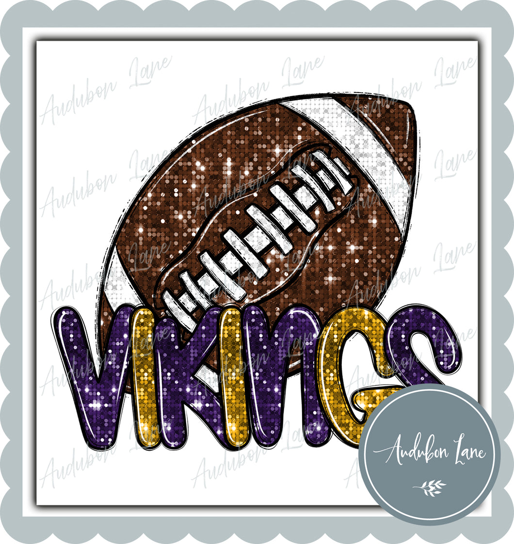 Vikings Purple and Gold Faux Sequin Football with Mascot Print Ready To Press DTF Transfer Custom Colors Available On Request