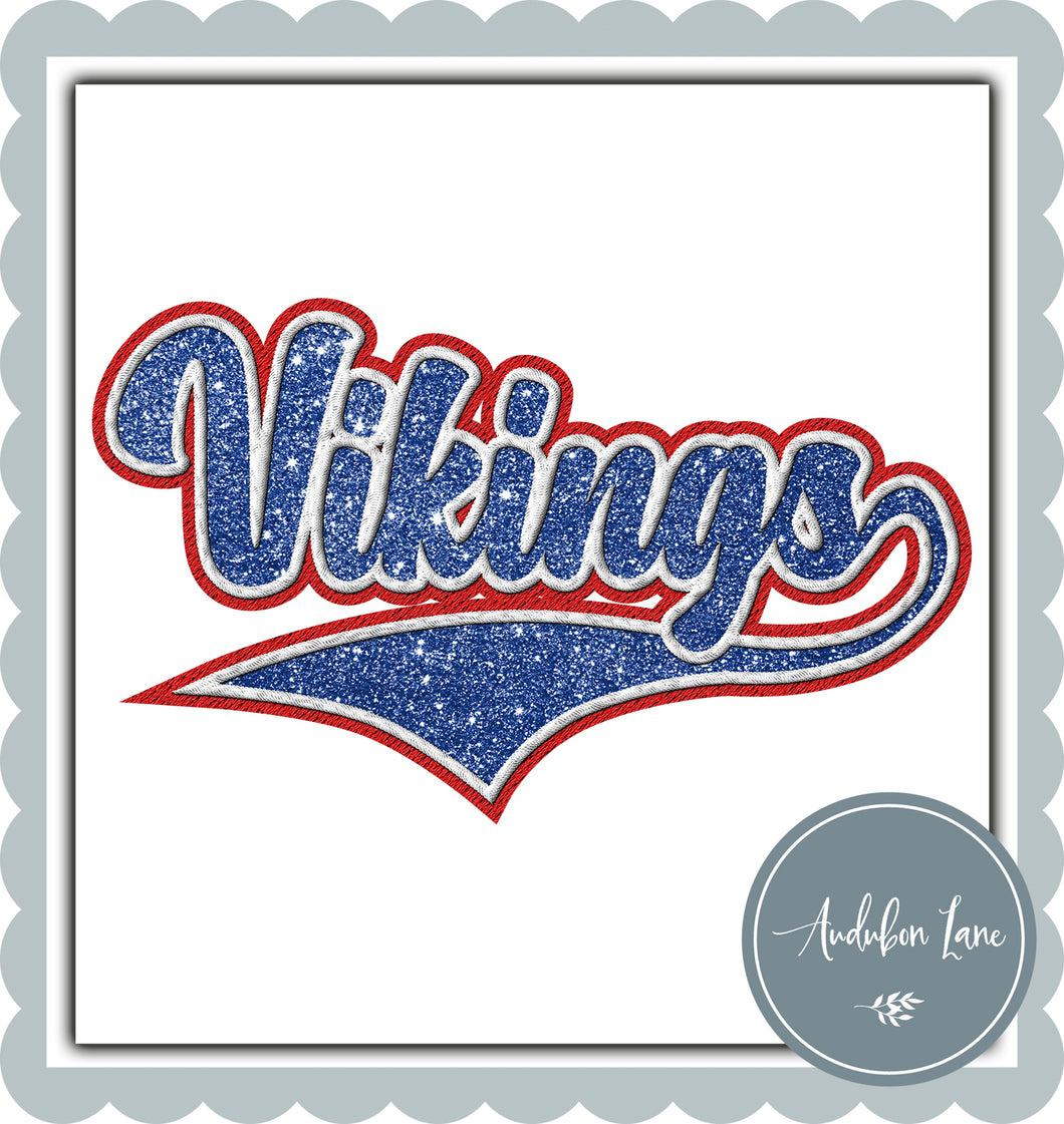 Vikings Faux Blue Glitter and White and Red Embroidery