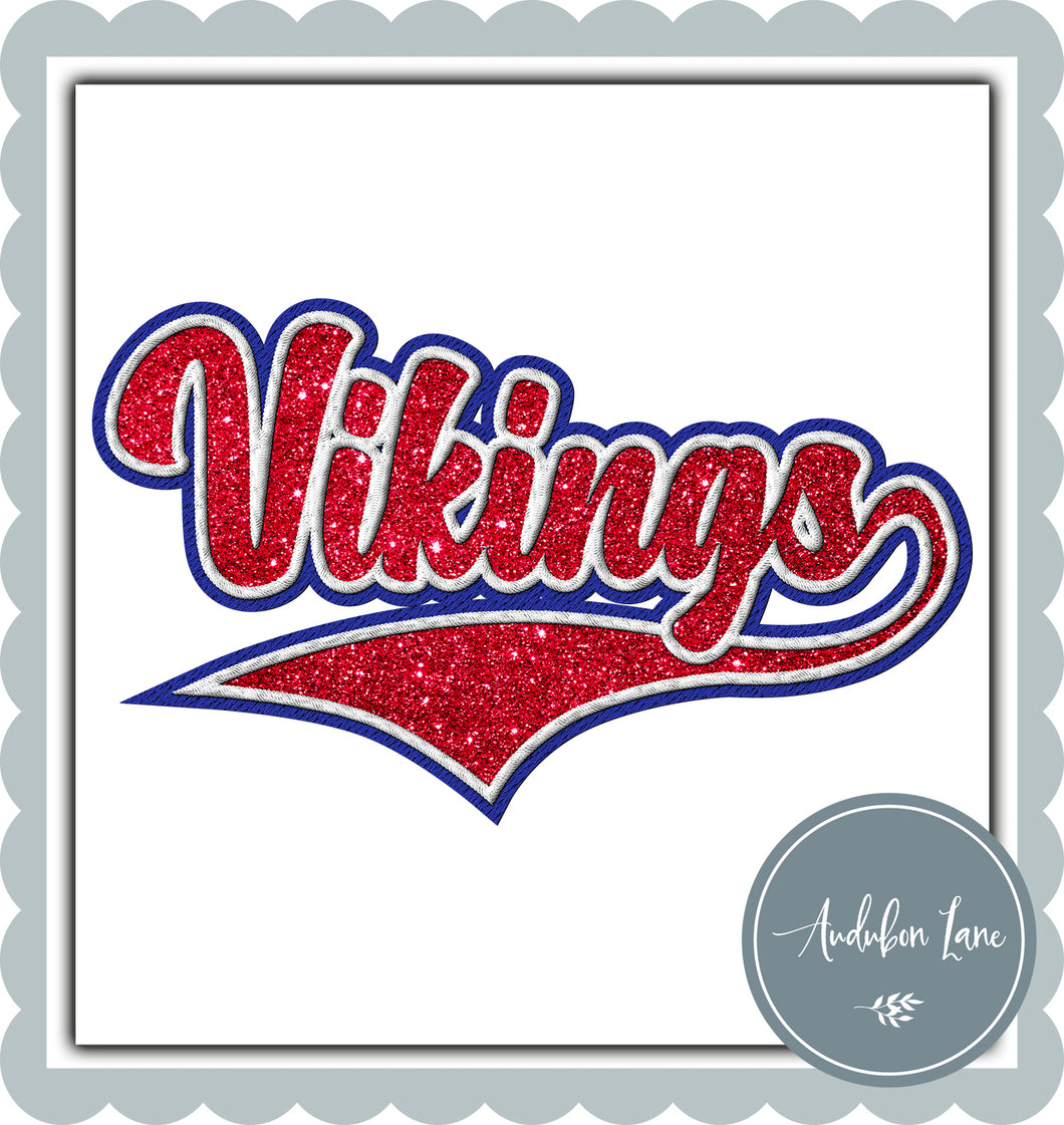 Vikings Faux Red Glitter and White and Blue Embroidery