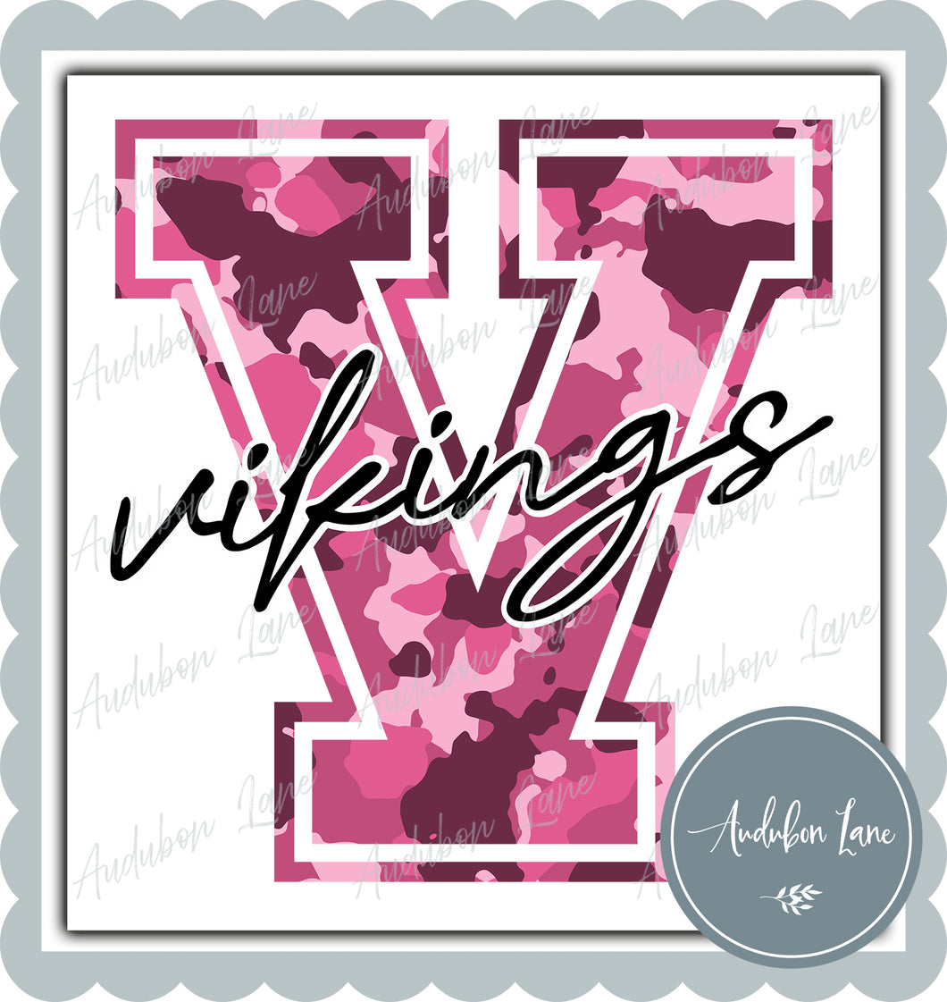 Vikings Breast Cancer Awareness Pink Camo Mascot Letter Ready to Press DTF Transfer Customs Available On Request