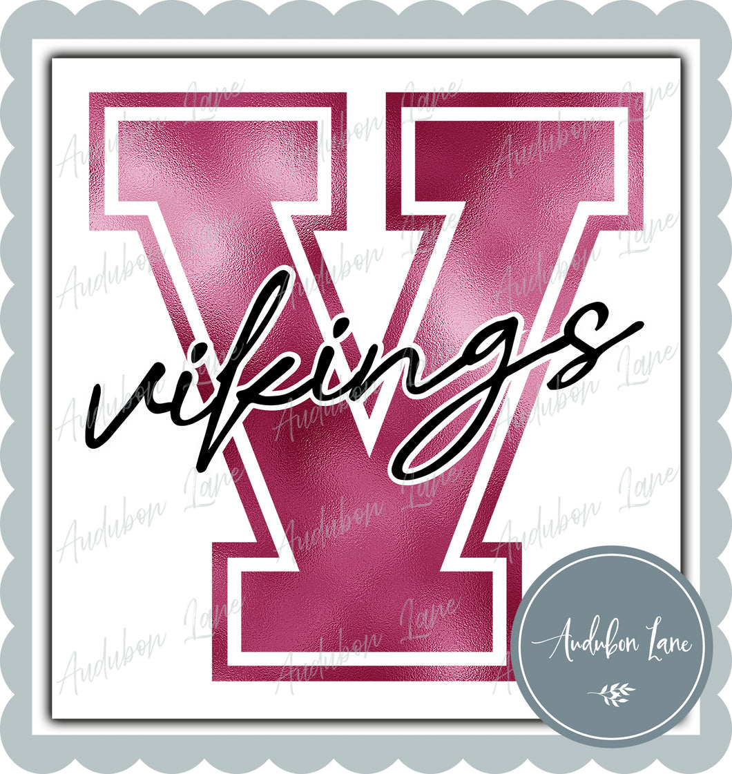 Vikings Breast Cancer Awareness Faux Metallic Pink Foil Mascot Letter Ready to Press DTF Transfer Customs Available On Request
