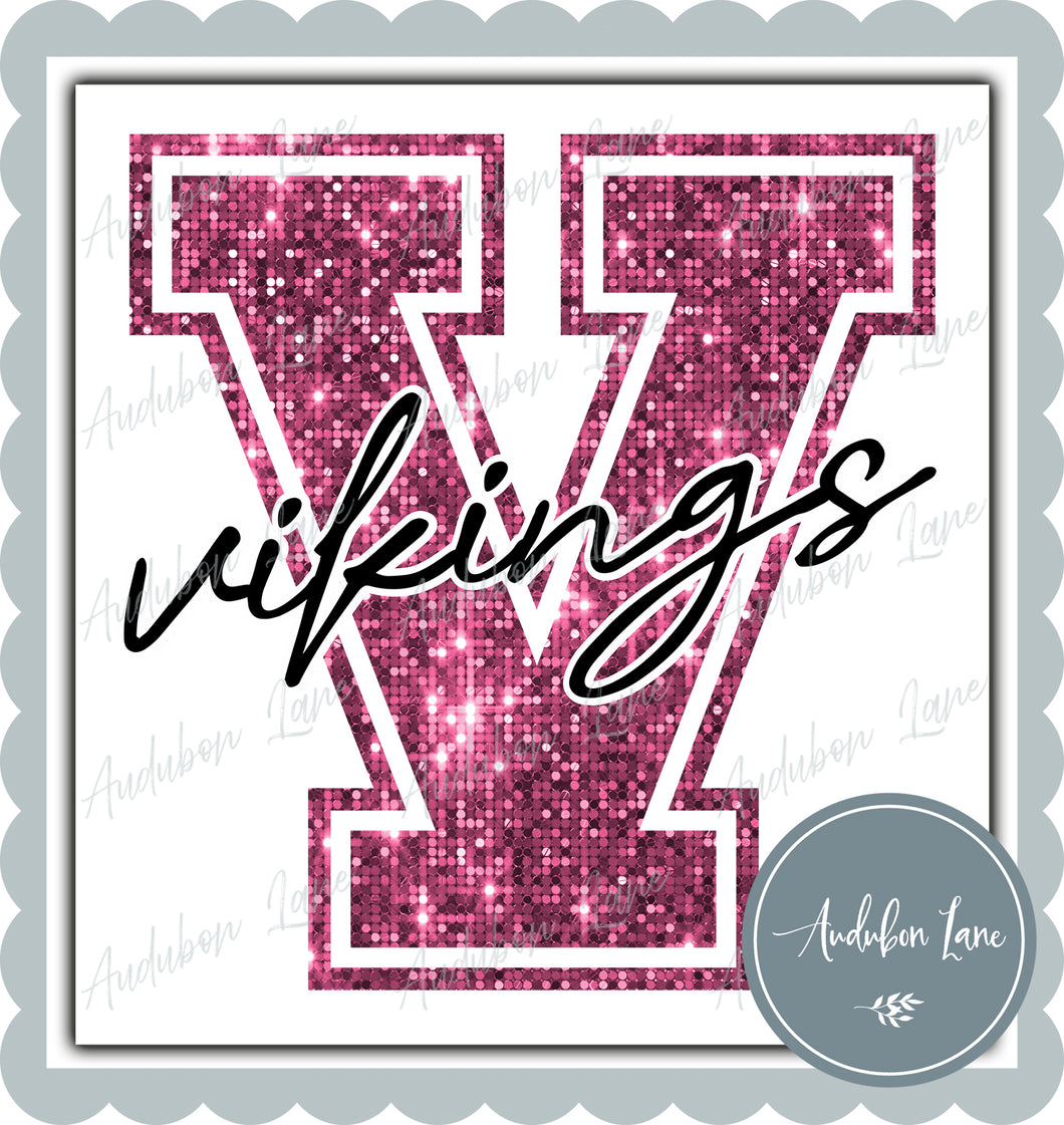 Vikings Breast Cancer Awareness Faux Pink Sequin Mascot Letter Ready to Press DTF Transfer Customs Available On Request