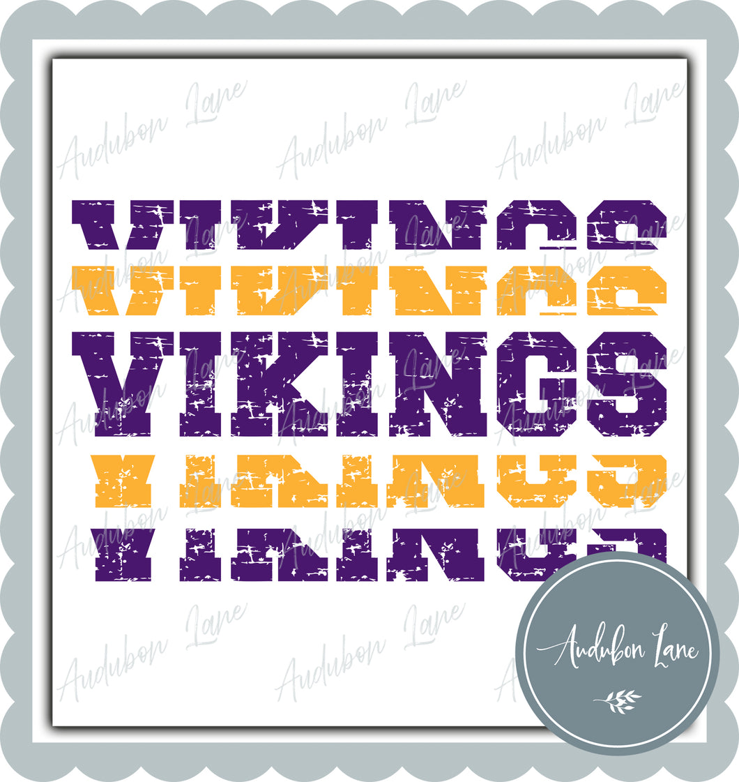 Vikings Stacked Pro Distressed Two Color Purple and Yellow Gold Ready To Press DTF Transfer Custom Colors Available On Request