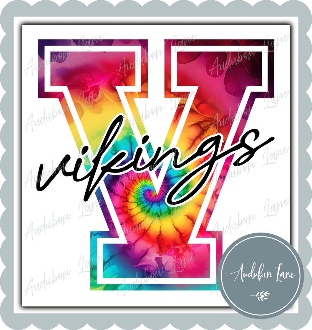 Vikings Rainbow Tie Dye Mascot Letter Ready to Press DTF Transfer Customs Available On Request