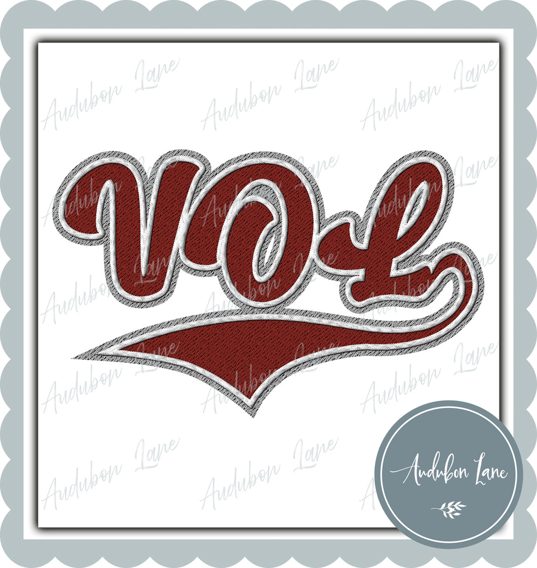 VOL Faux Embroidery Patch Faux Dark Red and White and Grey Ready To Press DTF Transfer Custom Colors Available On Request