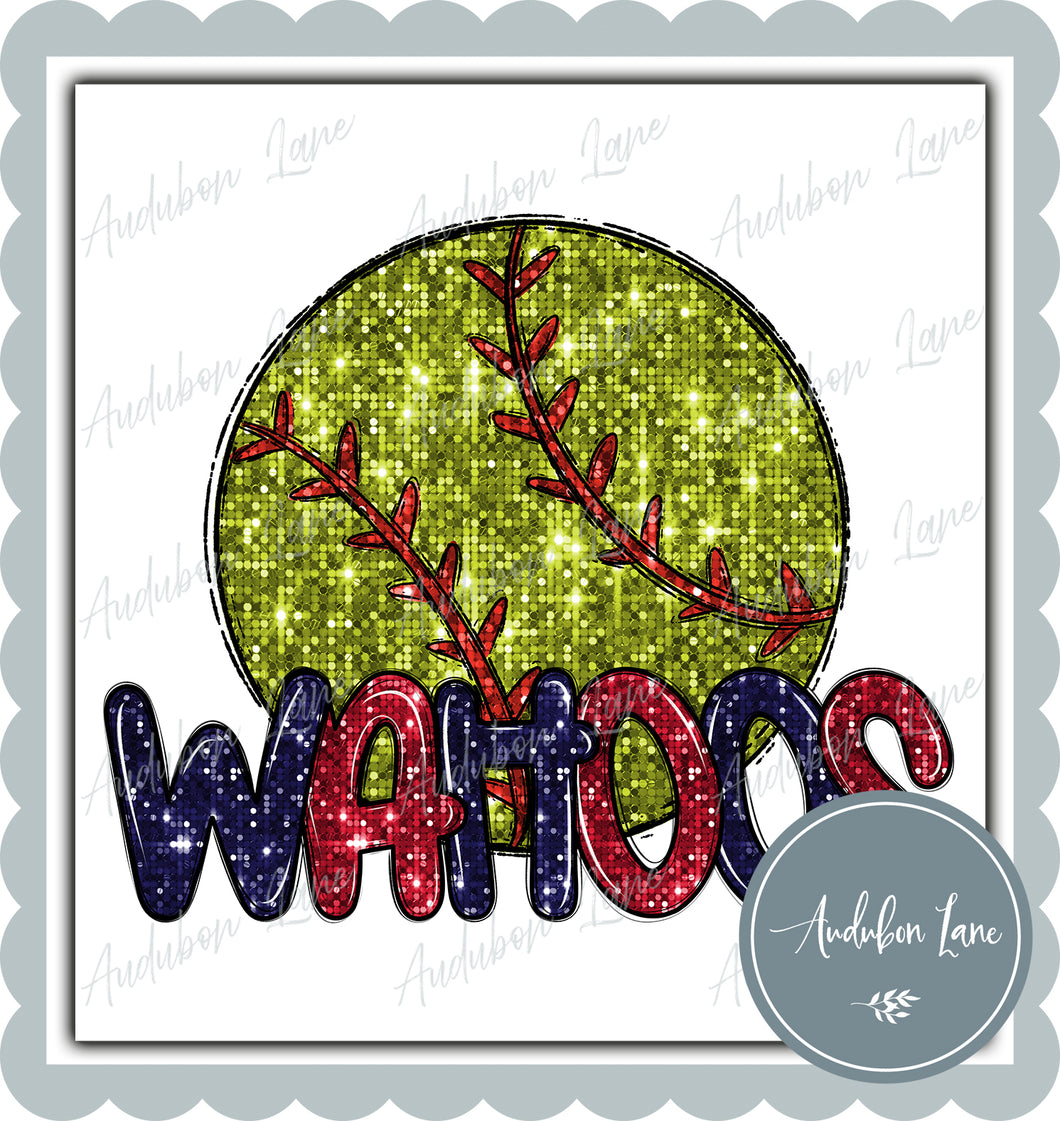 Wahoos Red and Navy Faux Sequin Softball with Mascot Print Ready To Press DTF Transfer Custom Colors Available On Request