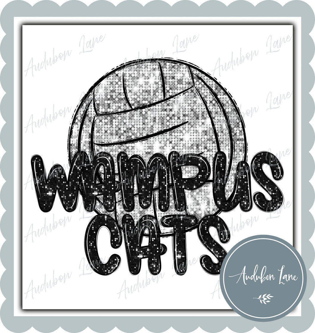 Wampus Cats Faux Sequin Black Volleyball with Mascot Print Ready To Press DTF Transfer Custom Colors Available On Request