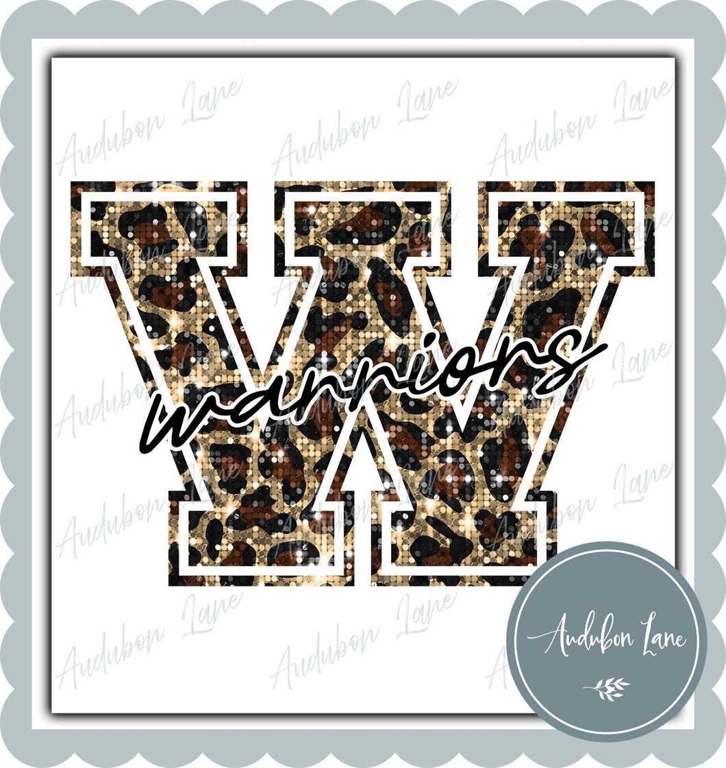 Warriors Sequin Leopard Mascot Letter Ready to Press DTF Transfer Customs Available On Request