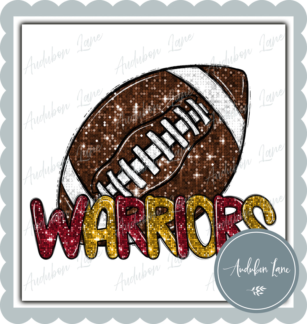 Warriors Maroon and Gold Faux Sequin Football with Mascot Print Ready To Press DTF Transfer Custom Colors Available On Request