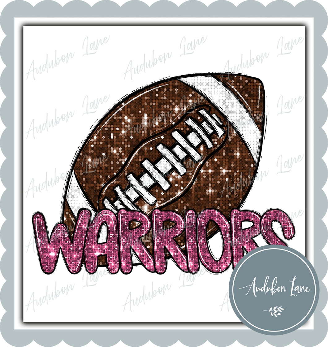Warriors Pink Faux Sequin Football with Mascot Print Ready To Press DTF Transfer Custom Colors Available On Request