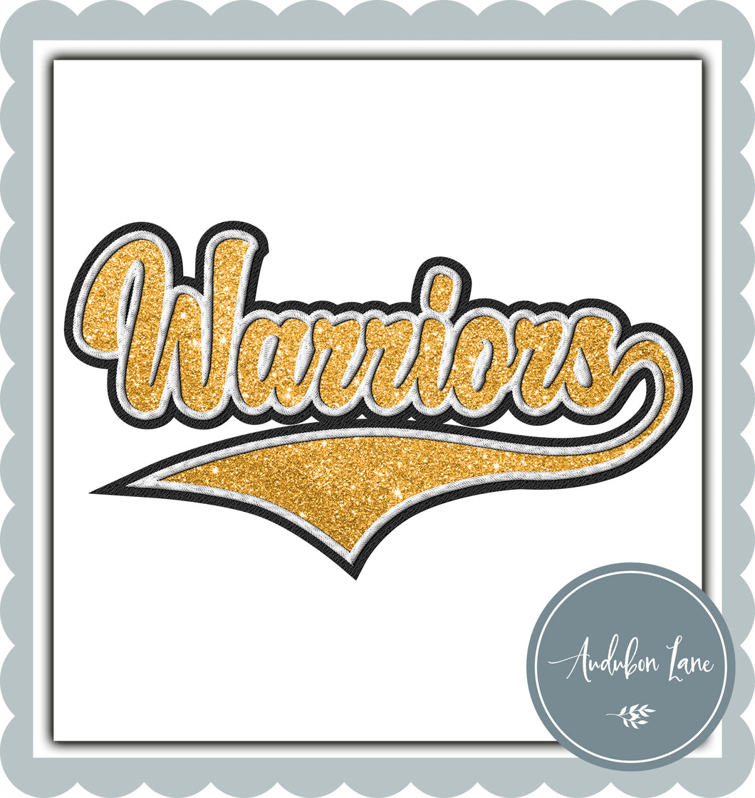 Warriors Faux Glitter Gold and White and Black Embroidery