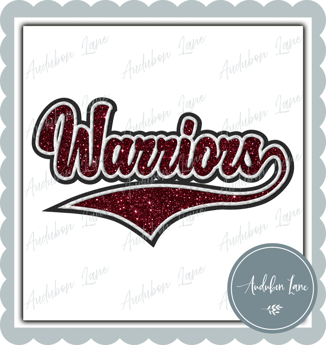 Warriors Faux Embroidery Patch Faux Maroon Glitter and White and Black Ready To Press DTF Transfer Custom Colors Available On Request