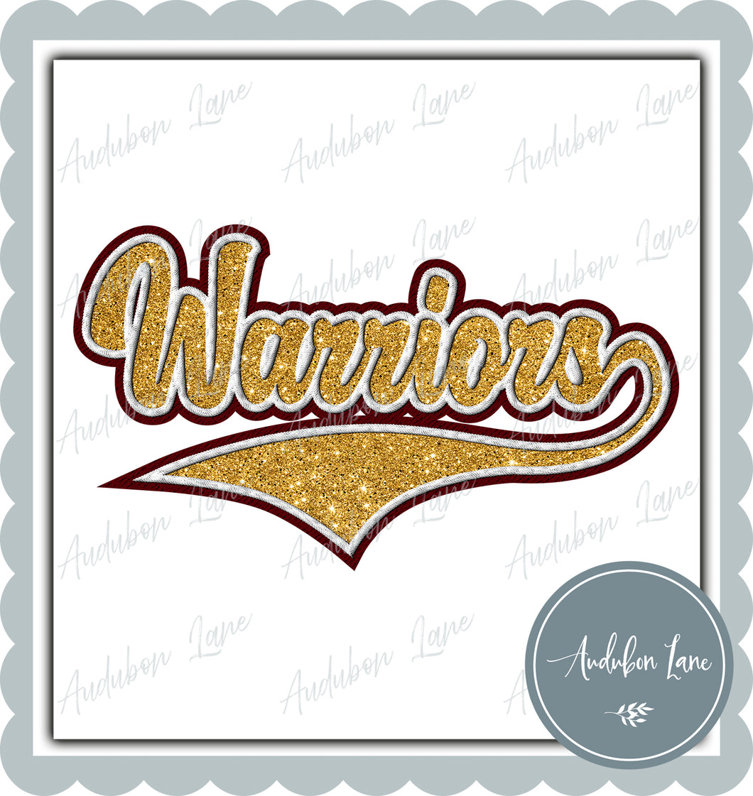 Warriors Faux Embroidery Patch Faux Yellow Gold Glitter and White and Maroon Ready To Press DTF Transfer Custom Colors Available On Request