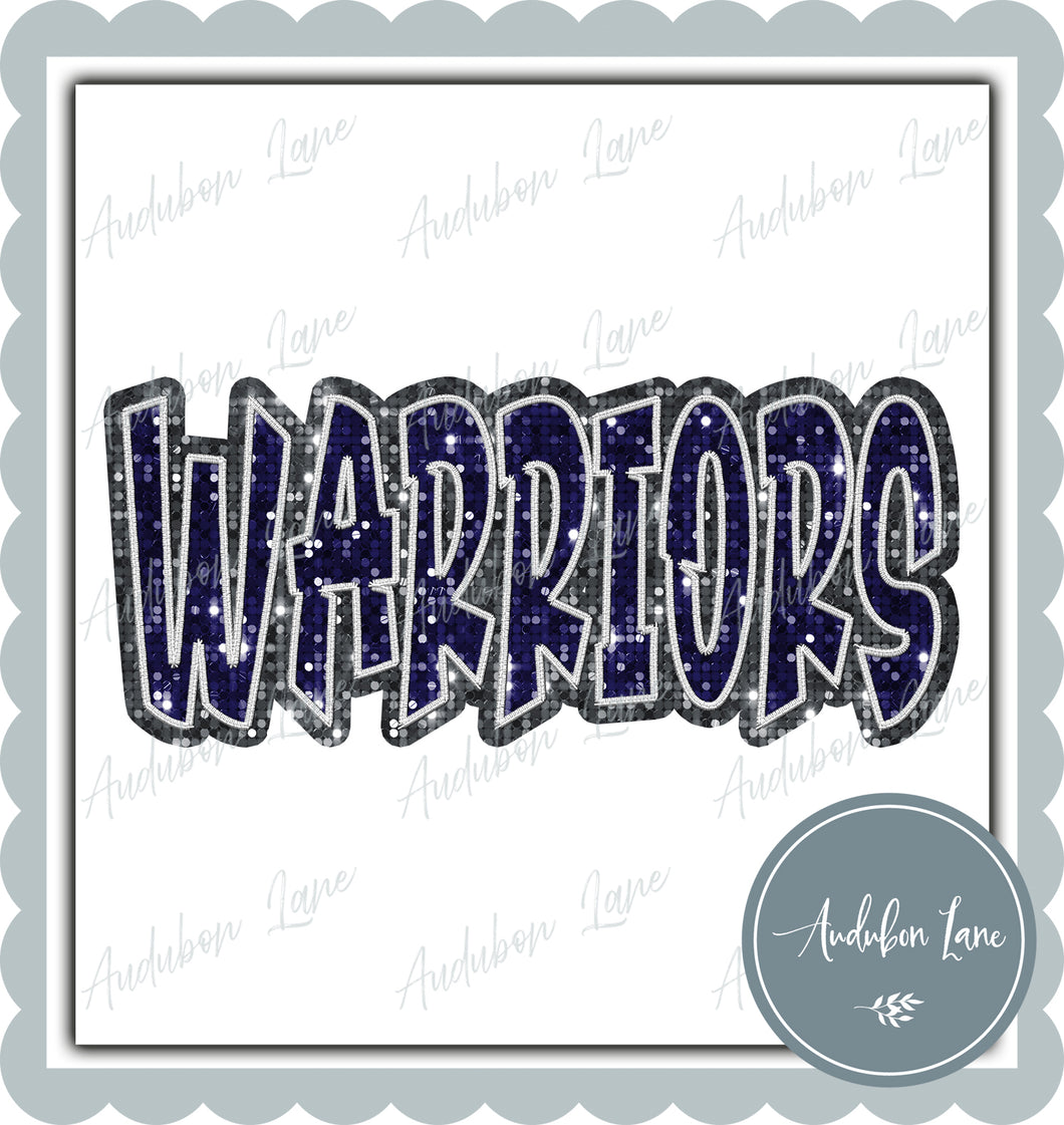 Warriors Graffiti Style Sequin Navy and Dk Grey Mascot Ready to Press DTF Transfer Customs Available On Request