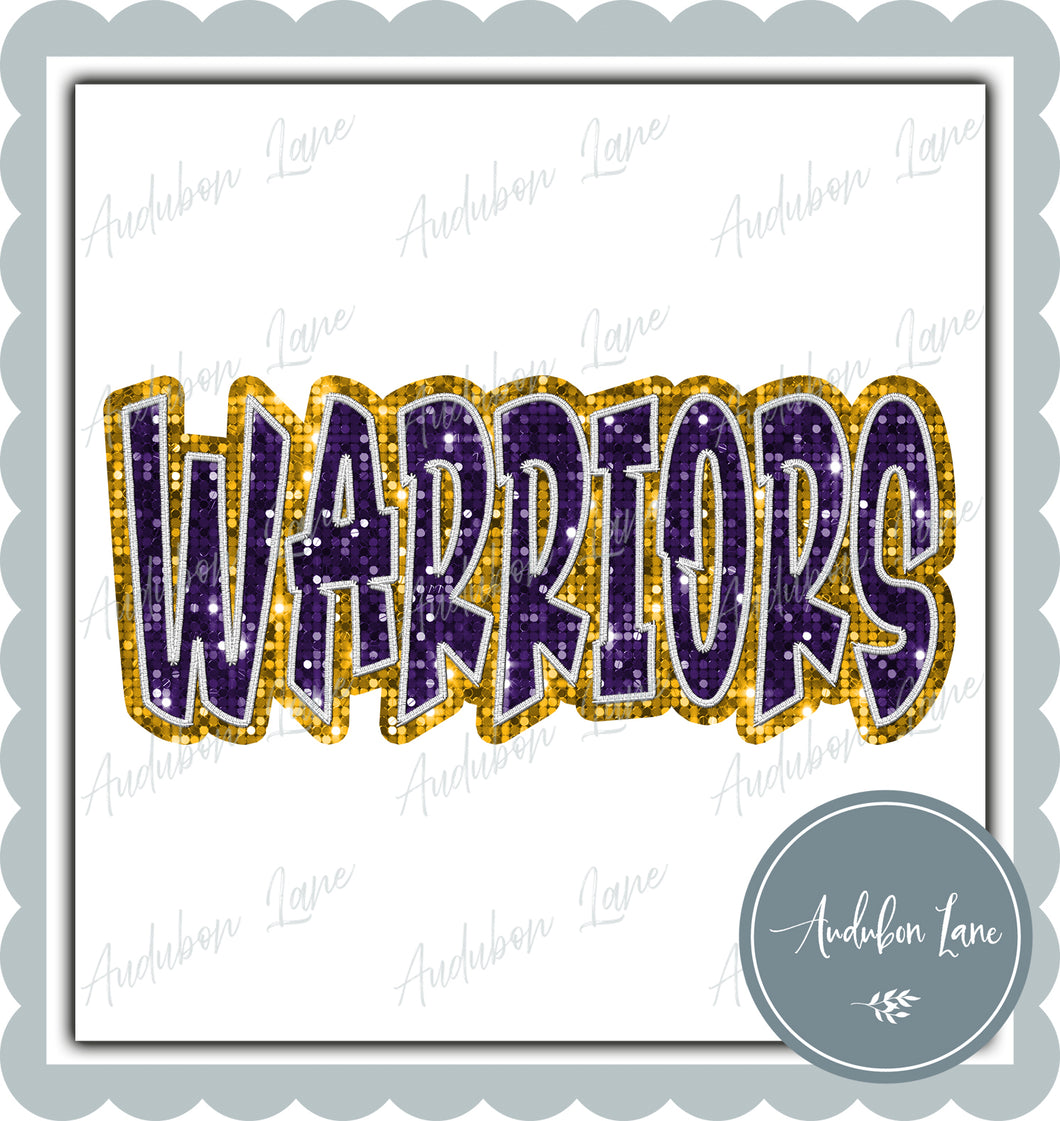 Warriors Graffiti Style Sequin Purple and Yellow Gold Mascot Ready to Press DTF Transfer Customs Available On Request