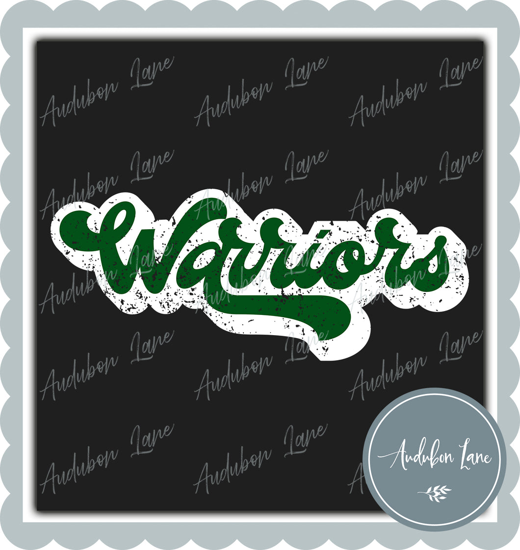 Warriors Retro Distressed Kell Green and White Print Ready To Press DTF Transfer Custom Colors Available On Request