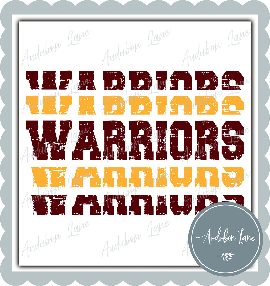 Warriors Stacked Pro Distressed Two Color Maroon and Yellow Gold Ready To Press DTF Transfer Custom Colors Available On Request